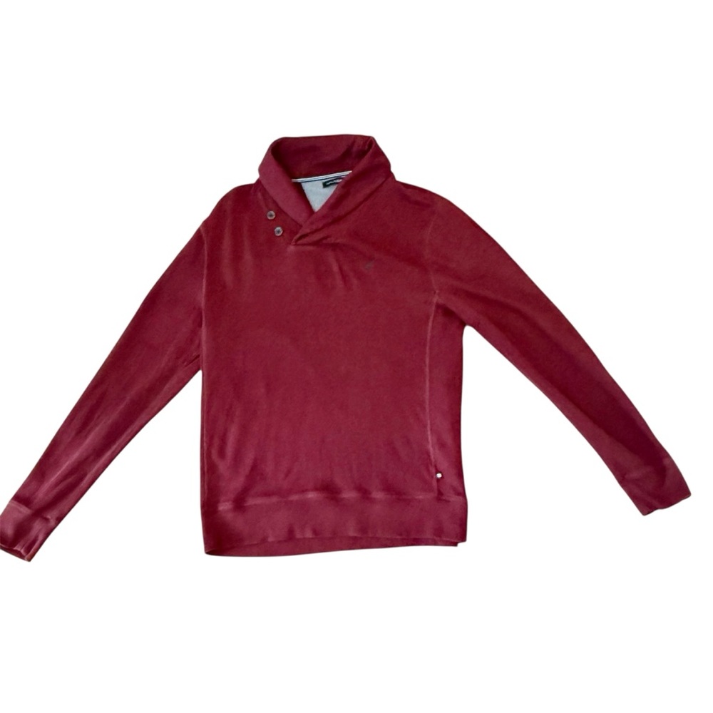 Nautica Shawl Collar V-Neck Sweater Men's‎ Size-Large Maroon 2 Big Buttons LOGO